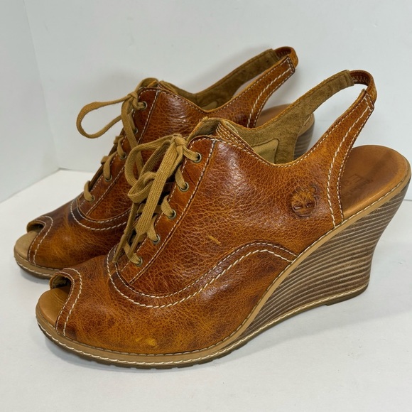 Timberland Earthkeepers Womens 9 Glancy Peep Toe Brown Leather Heels Booties - Picture 2 of 8